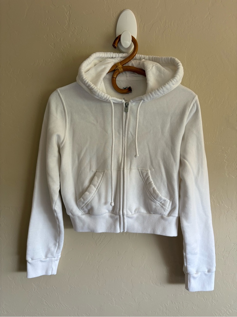 Hollister White Zip Up Hoodie Cropped Plain Basic Sweatshirt Size Small